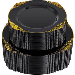 lot 125 image: Joyido 102PCS Black and Gold Plastic Plates - Black Disposable Plates - Heavyweight Disposable Plate with Gold Rim - Fancy Dinner & Dessert Plate for 51 Guests Weddings & Party & Graduation - Retail $36