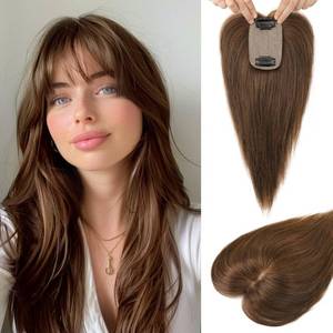 lot 128 image: Flufymooz Real Human Hair Toppers for women, 10 Inch Clip in Bangs 100�� Human Hair Toppers for Thinning Hair, Cover Hair Topper Hair Pieces with 150% Density Silk Base-Medium Brown - Retail $39