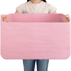 lot 129 image: OIAHOMY 75L Blanket Basket, Woven Cotton Rope Basket for Organizing 22x17x12, Used for Living Room, Bedroom, Nursery, Pink - Retail $27