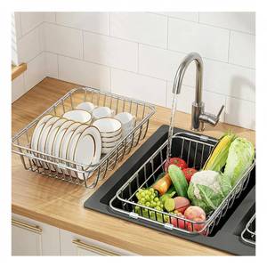 lot 140 image: Braloxane Drain Rack for Dishes InsideOutside Sink-Expandable Stainless Steel Structure, Rubber Primer Protection, Space-Saving Kitchen Storage Tool. (Middle) - Retail $19
