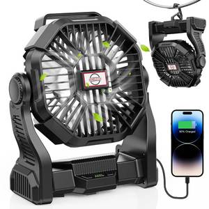 lot 141 image: DOWILLDO 20000mAh Portable Battery Powered Camping Fan - with LED Light, Quiet Battery Operated, Camping Gear for Travel, Tent, Beach, Car or Hurricane Power Outages, Black - Retail $40