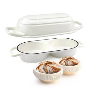 lot 150 image: YONILL Mini Double Dutch Oven for Sourdough Bread Baking - Enameled Cast Iron Dutch Oven Pot with Lid and 5 Banneton Bread Proofing Basket Kit, Dual Round Bread Loaf Pan for Homemade Baking (White) - Retail $86