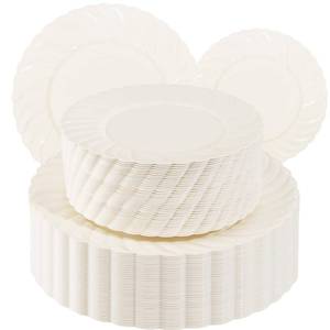 lot 153 image: U-QE 100 Piece Ivory Scalloped Plastic Plates for Party - Plastic Plates Disposable Heavy Duty - High End Disposable Plates for Wedding Including 50PCS 9  Dinner Plates & 50PCS 6.5  Dessert Plates - Retail $36
