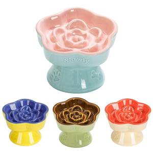 lot 170 image: S&Qs CERAMICS Raised Slow Feeder Cat Bowl, Ceramic Elevated and Titled Glass Food Bowl Small Dogs Slow Feeder, Flower Shaped Cute Cat Dish for Dry and Wet Food (Pink, 5.8) - Retail $19