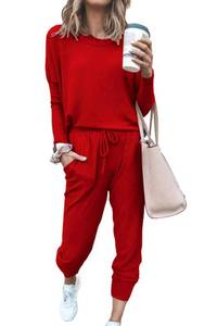 lot 174 image: PRETTYGARDEN Women Fall 2 Piece Lounge Outfit Long Sleeve Tops High Waisted Jogger Pants Set Spring Travel Clothes Tracksuit (Red,Large) - Retail $37