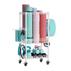 lot 179 image: VOPEAK Home Gym Storage Rack with Wheels, Yoga Mat Storage Organizer for Kettlebells, Dumbbells, Resistance Bands, Space Saving 2-Tier Weight Rack for Home Gym, Garage, Easy to Install (3Tier-White) - Retail $55