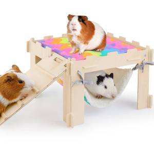 lot 184 image: Guinea Pig Hideout with Hammock, Soft Guinea Pigs Hammock Wooden Guinea Piggy House with Stairs Large Guinea Pig Toys fit Guinea Pigs Cages Accessories for Small Animals - Retail $20