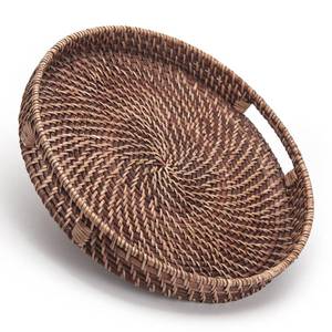 lot 186 image: Round Rattan Woven Serving Tray with Handles Ottoman Tray for Breakfast, Drinks, Snack for Coffee Table, Home Decorative (11x1.6, Honey Brown) - Retail $23