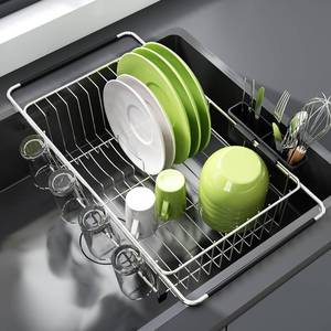 lot 196 image: JASIWAY Dish Drying Rack in Sink, Expandable Stainless Steel Dish Drainers for Kitchen Counter, Dish Dryer Rack for Inside Sink, Over The Sink Dish Racks with Utensil Holder, Silver - Retail $38