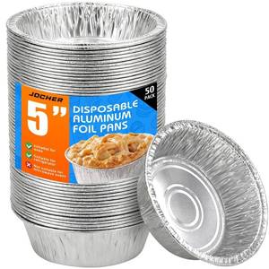 lot 219 image: JOCHER 50 Pack Mini Pie Pans, 5in Pie Tins, Disposable Aluminum Round Foil Tart, Aluminum Foil Pans, Easily Stack & Store for Baking, Cooking, Storage or Reheating - Retail $10