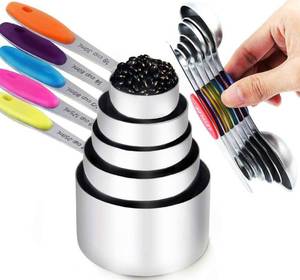 lot 968 image: TILUCK measuring cups and magnetic measuring spoons set, stainless steel measuring cups, 6 double-sided stainless steel measuring spoons & 1 leveler (12) - Retail $20