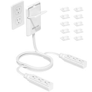 lot 971 image: 6FT Ultra Flat Plug Dual Extension Cord with 6 Outlets, Ultra-Thin Outlet Cover Power Bar, Outlet Concealer Universal Size Flat Plug Power Strip, Child & Pet Safe, 1625W, White - Retail $25