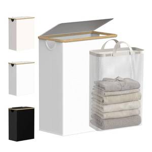 lot 972 image: efluky Slim Laundry Basket with Lid, Narrow Laundry Hamper with Removable Bag, Skinny Dirty Clothes Basket with Bamboo Handles for Bathroom, Bedroom & Laundry Room, 75L White - Retail $22