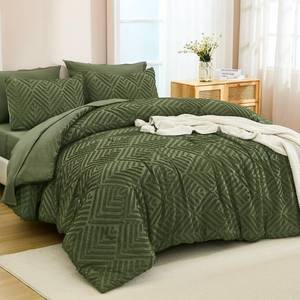 lot 974 image: Andency King Size Comforter Set Olive Green - 7 Pieces Bed in a Bag King Boho Olive Green Bedding Comforter Sets, Tufted Bed Set with Comforter, Sheets, Pillowcases & Shams - Retail $75