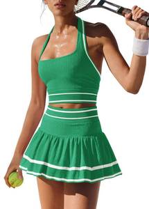 lot 981 image: ReachMe Womens 2 Piece Tennis Skirt Set Pickleball Golf Outfit with 3D Stretch Moisture-Wicking & Built-in Shorts Pockets(Green,L) - Retail $42