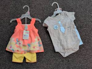 lot 36 image: Baby Girl Outfit  with Floral Dress and shorts and baby boy outfit set size 0-3 months