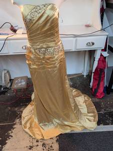 lot 69 image: Gold Satin One Shoulder Evening Gown with Crystal Beading