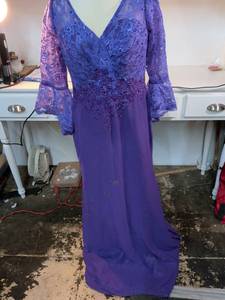 lot 70 image: Purple Lace Beaded Evening Gown with Bell Sleeves