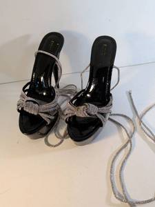 lot 188 image: Black High Heel Sandals with Crystal Rhinestone Lace-Up Straps