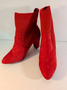 lot 193 image: Red Suede Sock Ankle Boots with Block Heel