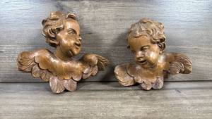 lot 108 image: Hand Carved Wood Cherub Angel Figurines with Wings