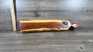 lot 112 image: Hand Carved Wooden Serving Boardcutting boardwith Inlaid Stone Accent