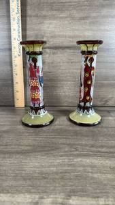 lot 117 image: Hand Painted Glass Candlestick Holders Set of 2