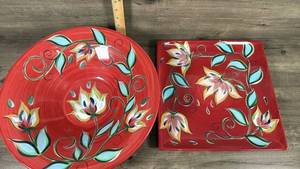 lot 127 image: Hand Painted Red Floral Ceramic Bowl and Plate Set