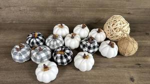 lot 215 image: Fabric Pumpkin Fall Decoration Set with Buffalo Plaid and White Pumpkins