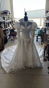 lot 237 image: Victorian Style White Wedding Dress with Pearl Beading and Lace