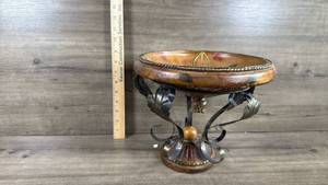 lot 290 image: Decorative Wood Bowl with Ornate Metal Stand