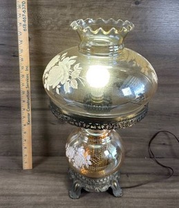 lot 292 image: Glass Hurricane Oil Lamp with Floral Etching and Metal Base