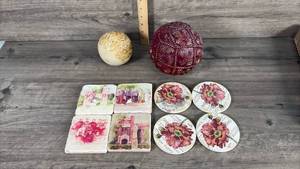 lot 301 image: Mixed Decorative Items Collection with Carved Balls and Coasters