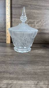lot 302 image: Clear Glass Covered Bowl with Embossed Fruit Pattern