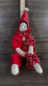 lot 340 image: Red Polka Dot Clown Doll with White Pom Pom Hat