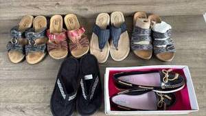 lot 357 image: All size 7.5 Womens Summer Footwear Collection - Sandals, Flip Flops, and Loafers
