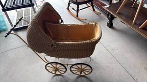 lot 365 image: Wicker Baby Carriage Pram with metal Wheels