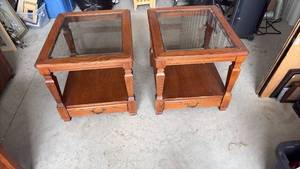 lot 367 image: 2 Oak End Tables with Glass Tops and Storage Drawer