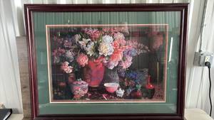 lot 373 image: Framed Floral Still Life Print with Oriental Vase