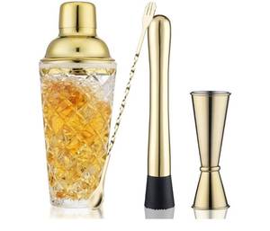 lot 57522 image: Gold Cocktail Shaker Set - Premium Glass Bartender Kit with Measuring Jigger, Mixing Spoon, and Muddler - Retail $28