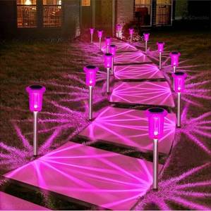 lot 57524 image: Solar Lights Outdoor 10 Pack Waterproof Pink LED Stainless Steel Stake Outside Lights for Yard Pathway Garden Driveway Walkway Landscape Path Lighting Mothers Day Gifts for Mom - Retail $24