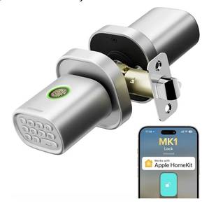 lot 57525 image: Fingerprint Door Lock with Keypad Door Knob, HomeKit Lock Over Thread, HomeKit Hub Required, iOS Only, Smart Lock for Interior Door, Bedroom, Office, MK1 Silver - Retail $80