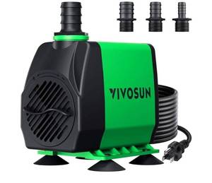 lot 57528 image: VIVOSUN 800GPH Submersible Pump(3000LH, 24W), Ultra Quiet Water Fountain Pump with 10ft. High Lift with 6.5ft. Power Cord, 3 Nozzles for Fish Tank, Pond, Aquarium, Statuary, Hydroponics Green - Retail $25