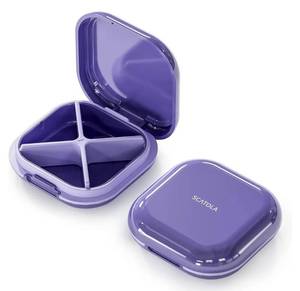 lot 57535 image: Small Pill Case, Travel Pill Organizer, Small Pill Box, Pill Container for Purse 4 Compartments, Daily Compact Travel Medicine Holder for Vitamins Medication (Purple) - Retail $7
