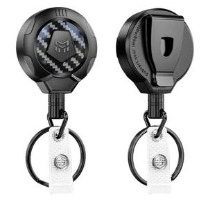 lot 57558 image: Heavy Duty Retractable Keychain with Belt Clip, 10 OZ Retraction, 31.5 Stainless Steel Cord Key Chain, 3K Carbon Fiber ID Badge Reel Holder with Badge Strap and Key Ring, 2 Pack - Retail $17