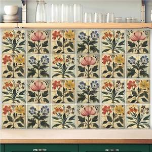 lot 57562 image: 24 Pcs Flower Tile Stickers 4x4 Inch Watercolor Retro Rustic Floral Peel and Stick Removable Self Adhesive PVC Waterproof Tile Stickers Farmhouse Wall Art Decal for Kitchen Bathroom Backsplash - Retail $12