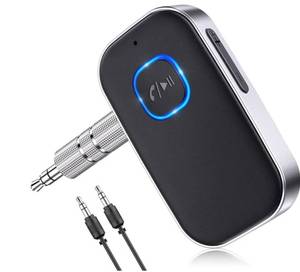lot 57565 image: Bluetooth Receiver for Car, Noise Cancelling 3.5mm AUX Bluetooth Car Adapter, Wireless Audio Receiver for Home StereoWired Headphones, Hands-Free Call, 16H Battery Life - BlackSilver - Retail $20
