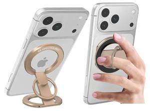 lot 57566 image: RESPECTED BRO-Magnetic-Phone-Ring-Holder with Dual Rings, Compatible with iPhone 171615141312, Multifunctional Stand for Office, Gym, Kitchen & All Metal Surfaces, Finger Loop Grip (Desert Gold) - Retail $26