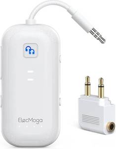 lot 57575 image: Airplane Bluetooth 5.4 Transmitter with aptX Adaptive, ElecMoga Airplane Travel Essentials Supports 2 AirPods or Headphones, 2-in-1 AUX Wireless Transmitter Receiver for TV, Car, White - Retail $19