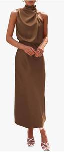 lot 57577 image: Womens 2026 Summer Satin Dress Elegant Sleeveless Mock Neck Cocktail Party Maxi Dresses, khaki, S - Retail $58